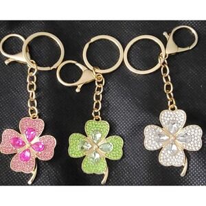 Crystal Four Leaf Clover Keychain Gold Tone Rhinestone Shamrock Lucky Charm 3pc